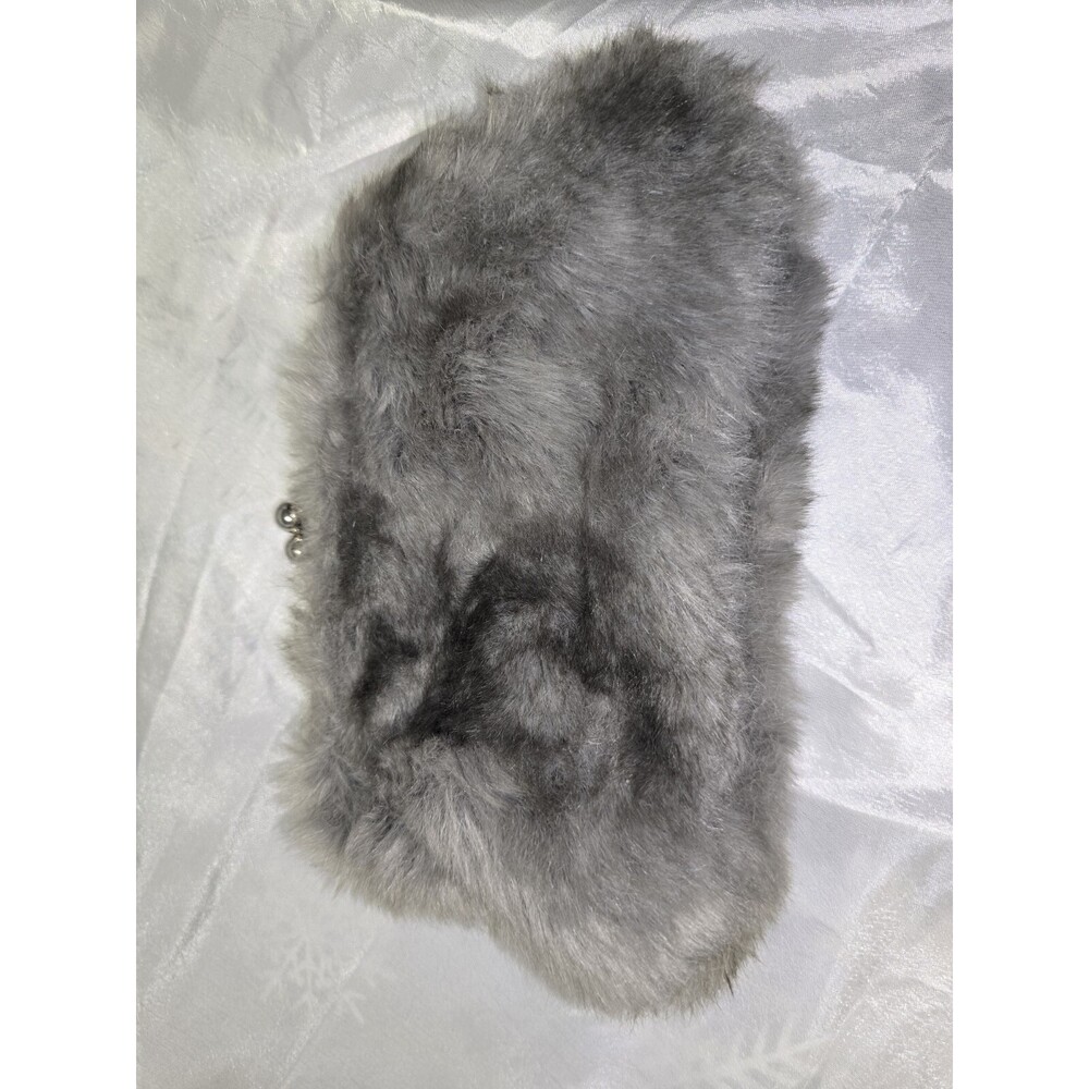 Quality VTG Grey Faux Fur Clutch Crossbody Silver Chain Strap Evening PURSE